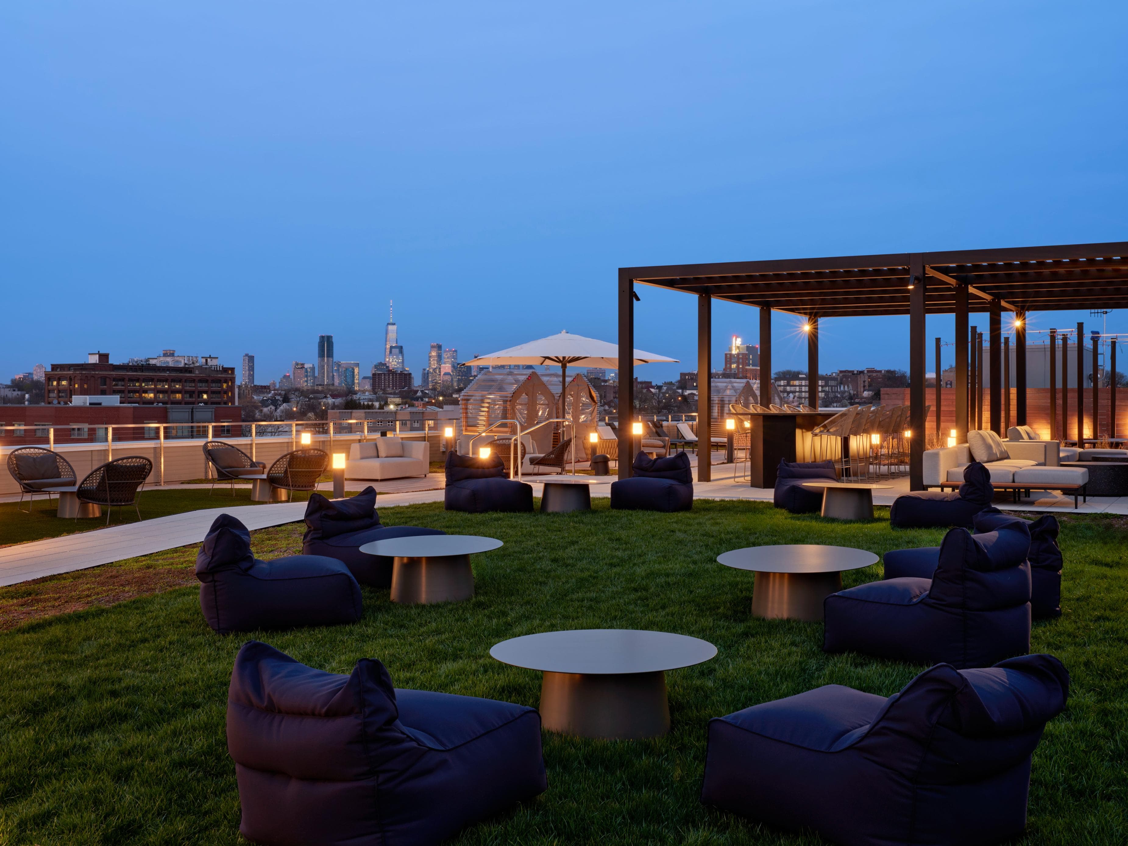 Rooftop seating with NYC skyline views